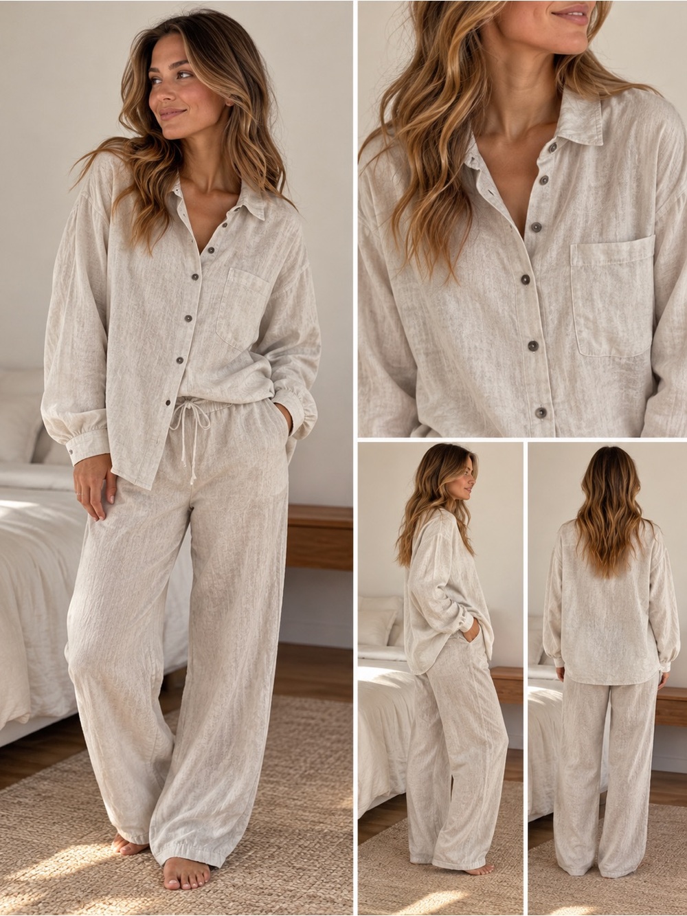 H&M Cream Button-Up Lounge Pajama Set 100% Linen